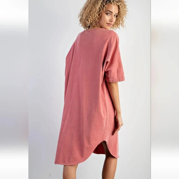 New! Easel Coral Mineral Washed Terry Knit Tunic T-shirt Dress - Picture 3 of 6